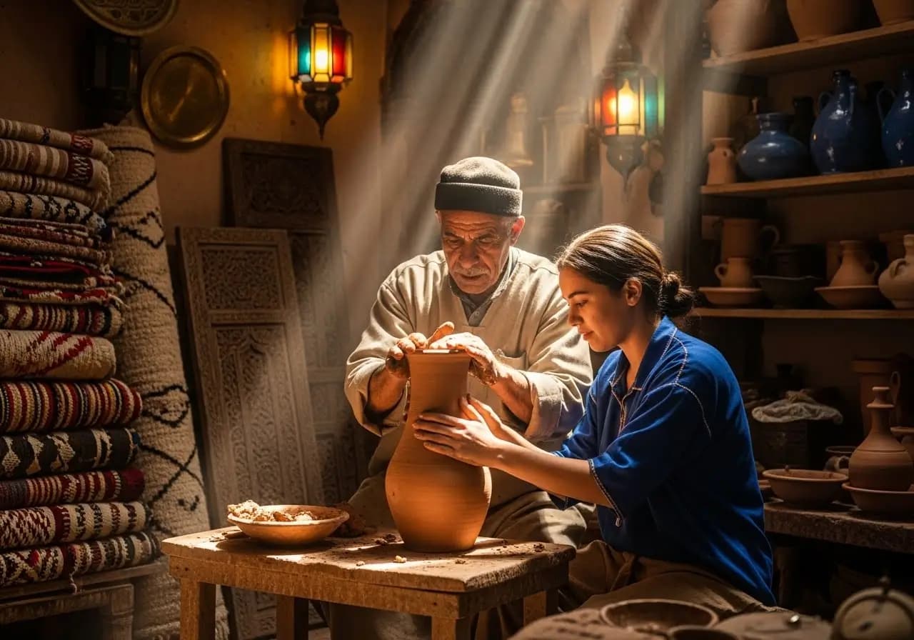 Moroccan artisan weaving a rug